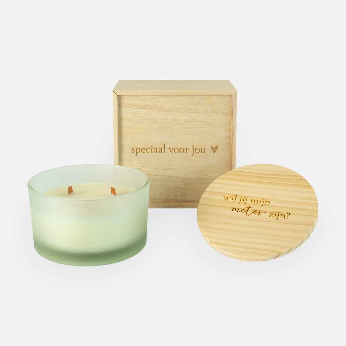 houten kistje met geurkaars met houten deksel wil jij mijn meter zijn metergeschenk