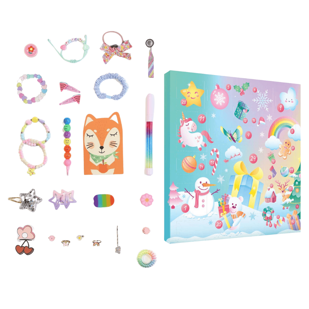 Adventskalender Mix met kleurrijke winterillustraties, naast sieraden, haaraccessoires en schrijfwaren
