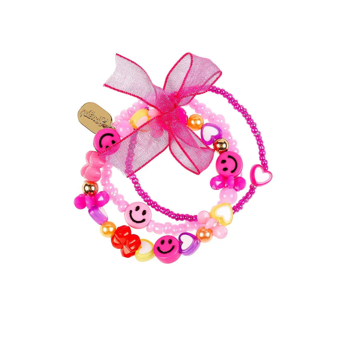 Armband Hortence met roze en kleurrijke kralen, smileys, hartjes en een grote roze strik.
