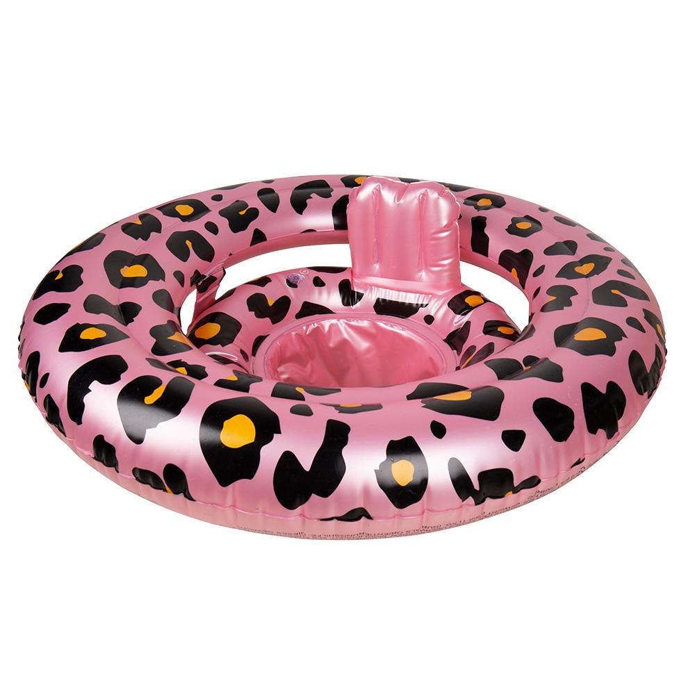 Roségouden babyzwemband met zwarte en gele panterprint en roze rugsteun, schuin van voren gezien.