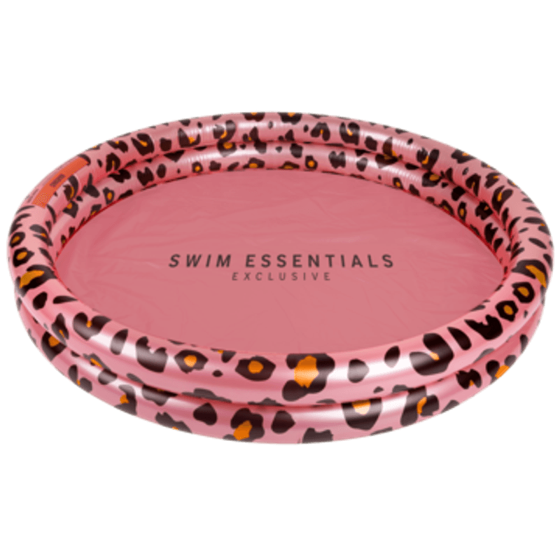 Rond roze babyzwembad met luipaardprint, twee opblaasringen en Swim Essentials-logo op de bodem.
