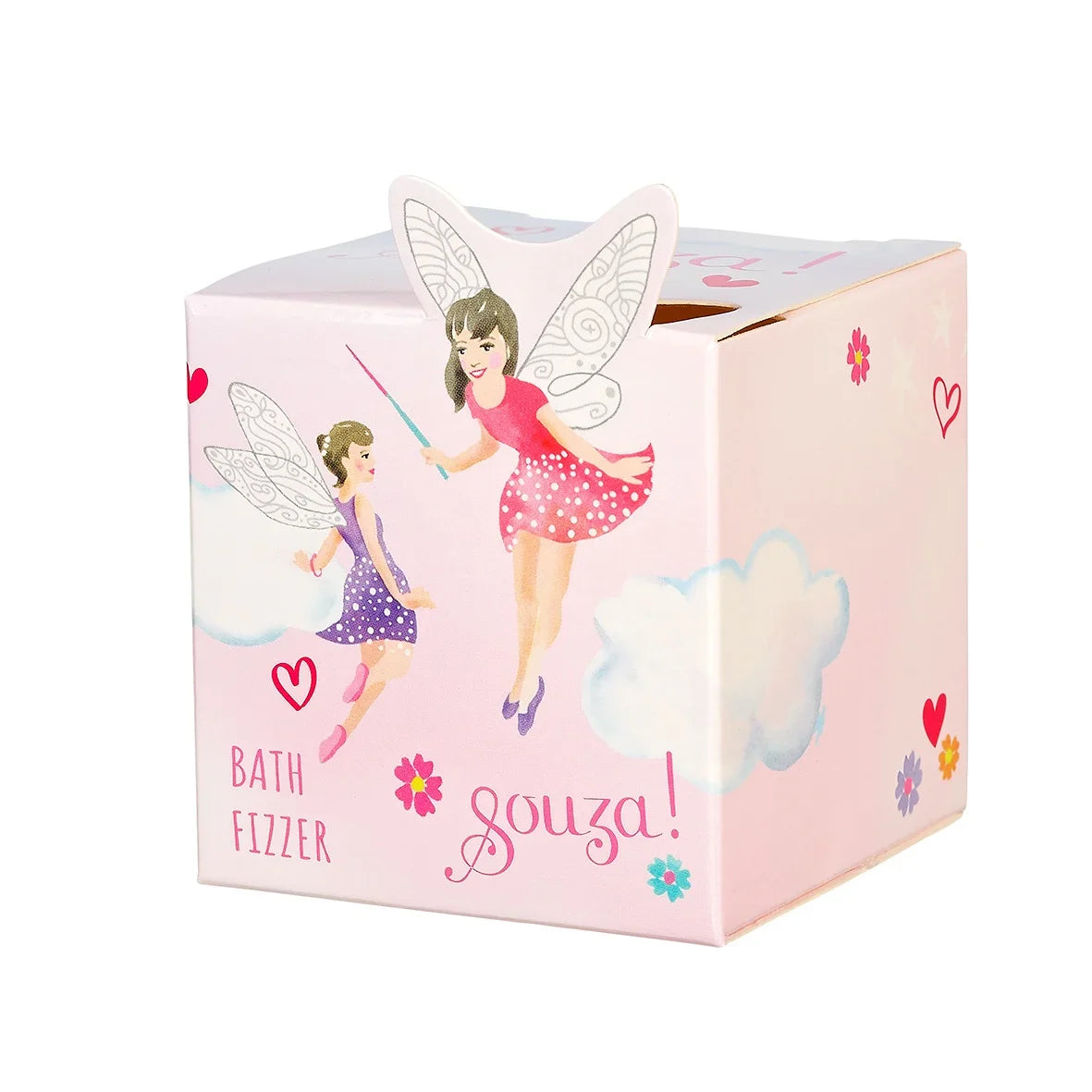 Roze geschenkdoosje van bruisbal Elf, versierd met elfen, hartjes, bloemen en wolken.