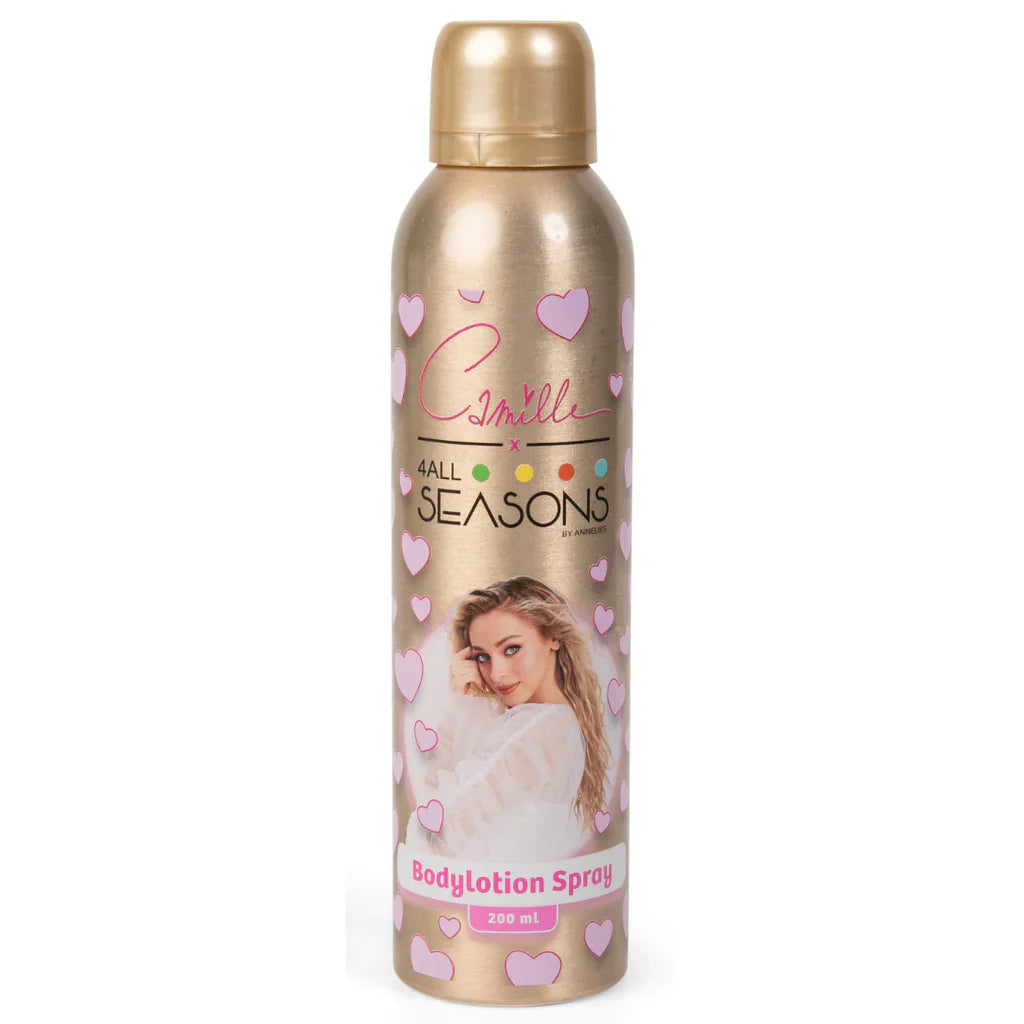 Camille Bodylotion Spray Gold in een goudkleurige spuitbus met roze hartjes en een portret van Camille.