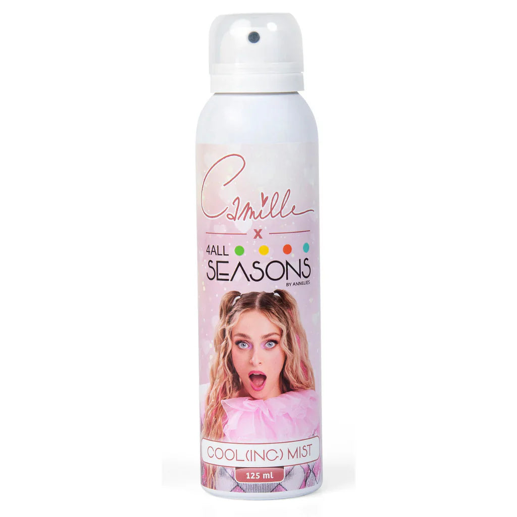 COOL(ing)mist Camille Circus in witte spuitbus van 125 ml met roze etiket en portret van Camille.