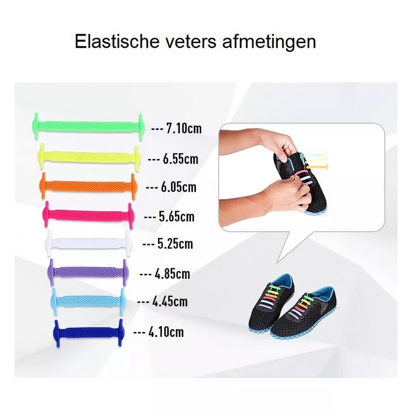 Maatoverzicht van elastische veters in acht lengtes, met bevestigingsvoorbeeld en schoenen met gekleurde veters.