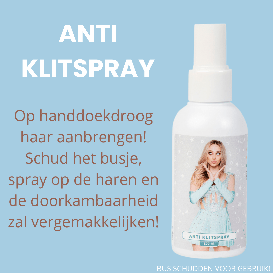 Camille anti-klitspray 100 ml in een witte sprayflacon met portret op het etiket, naast gebruiksinstructies.