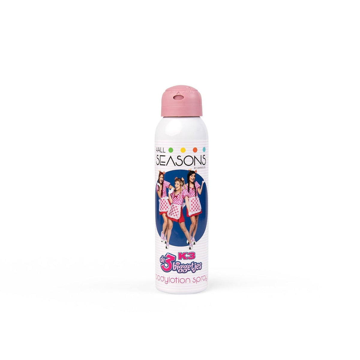 K3 3 Biggetjes-bodylotionspray in een witte spuitbus met roze dop en K3-opdruk