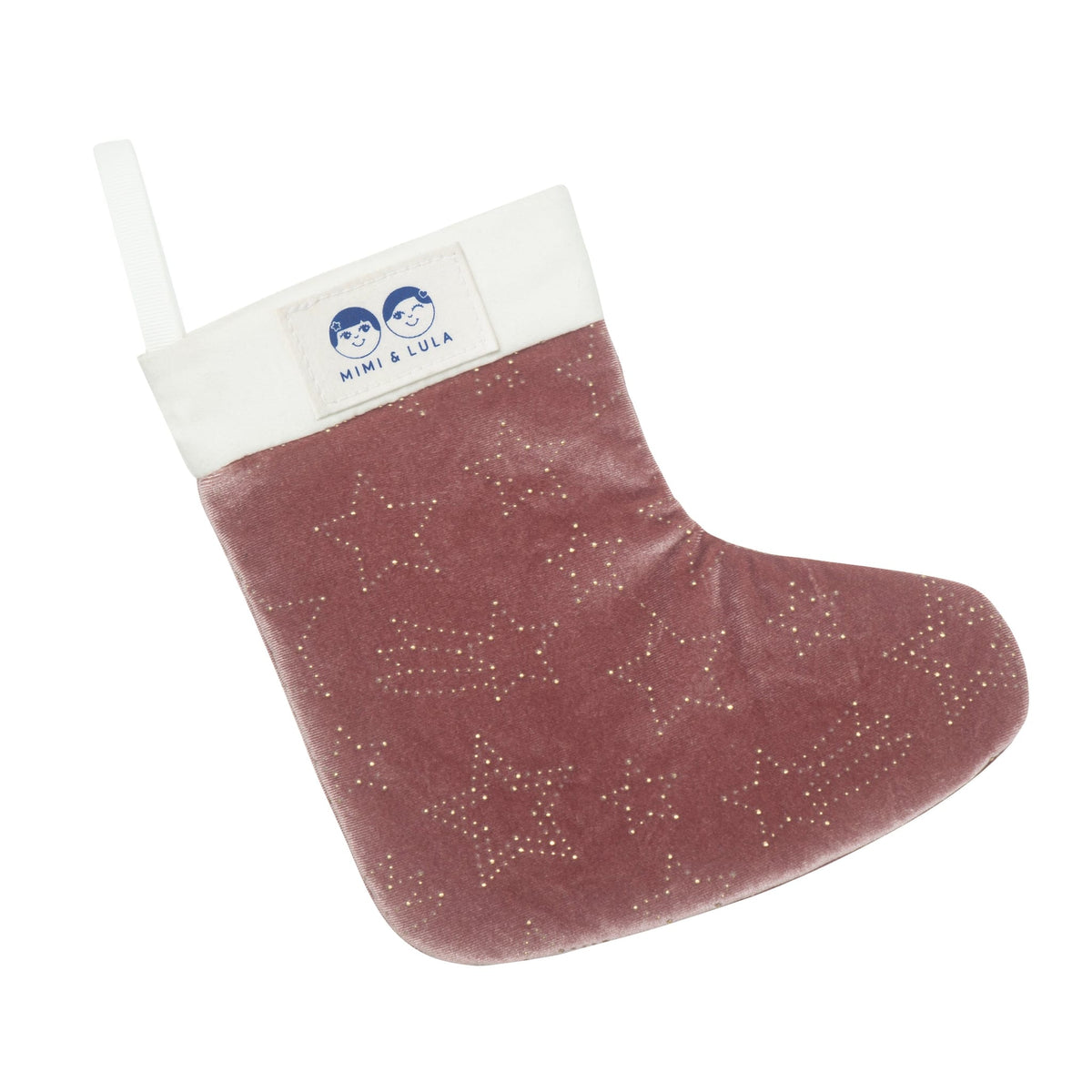 Zachtroze fluwelen kerstsok met metallic gouden sterren, witte boord en ophanglus.