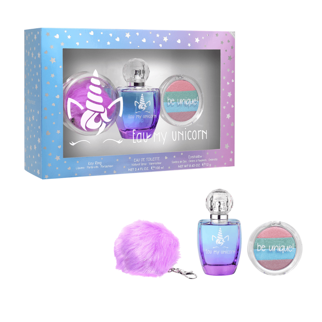 Eau My Unicorn geschenkset met paars-blauwe parfumflacon, oogschaduw en paarse pomponsleutelhanger naast de doos