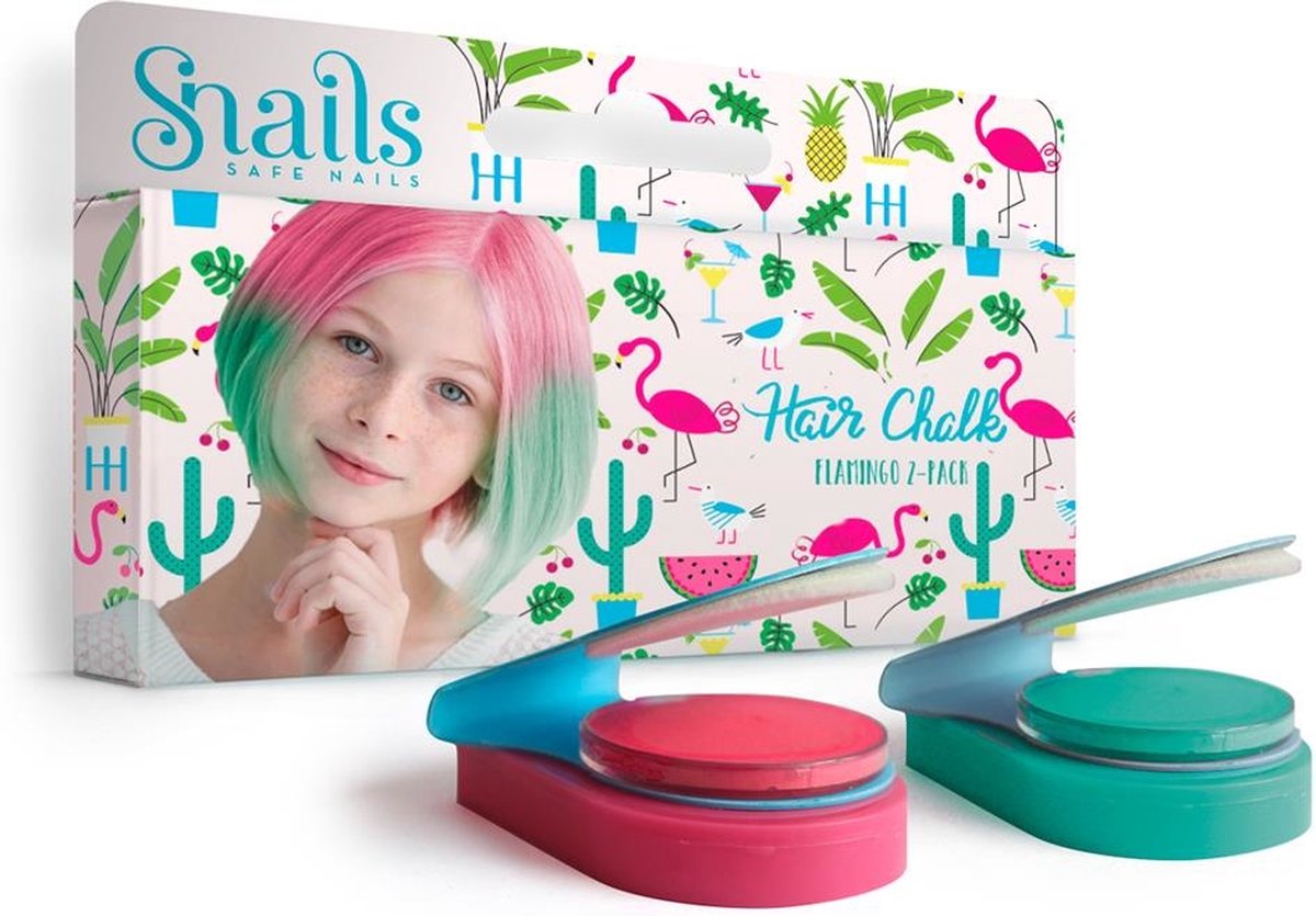 Haarkrijt Flamingo in roze en turquoise met applicators en een verpakking met flamingo's en een kind met gekleurd haar.