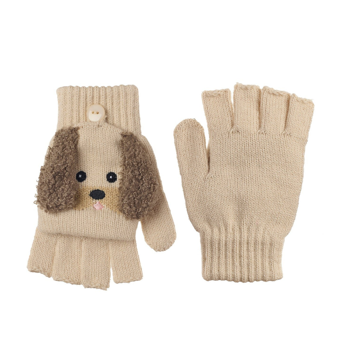 Beige gebreide puppyhandschoenen met bruine hondenoren, een geborduurd snuitje en een omklapbare kap.