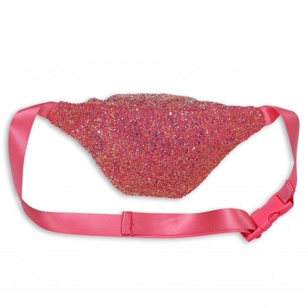 Roze glitterheuptasje met brede verstelbare roze riem en kliksluiting, gezien vanaf de achterkant.