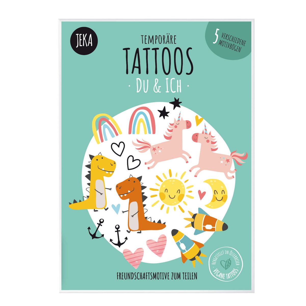 Mintgroene verpakking van kindertattoos Jij & Ik met eenhoorns, dinosaurussen, regenbogen, hartjes en raketten.