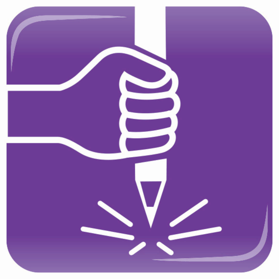 Paars pictogram van een hand die een kleurpotlood vasthoudt, met de punt naar beneden.