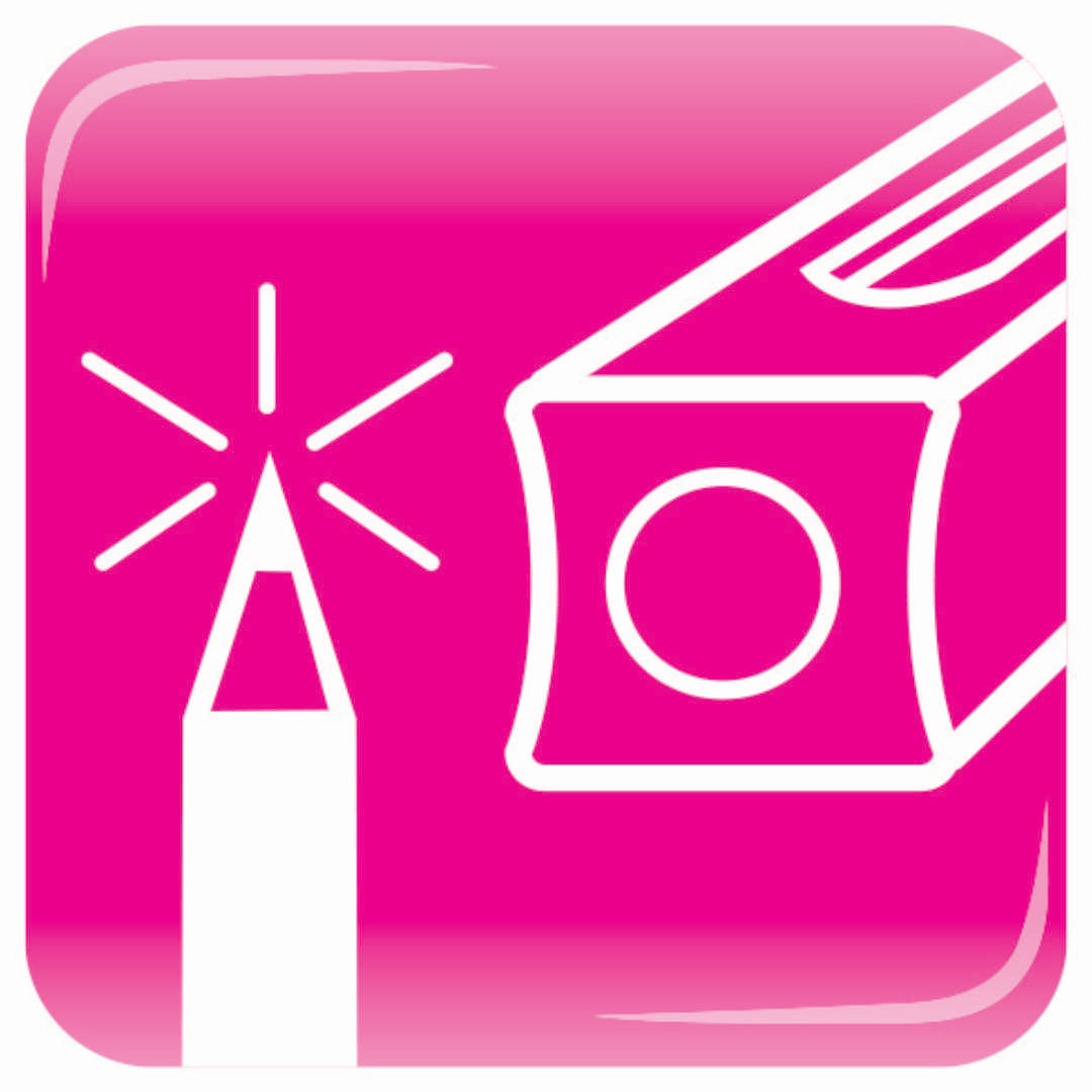 Roze pictogram met een geslepen kleurpotlood en een puntenslijper.