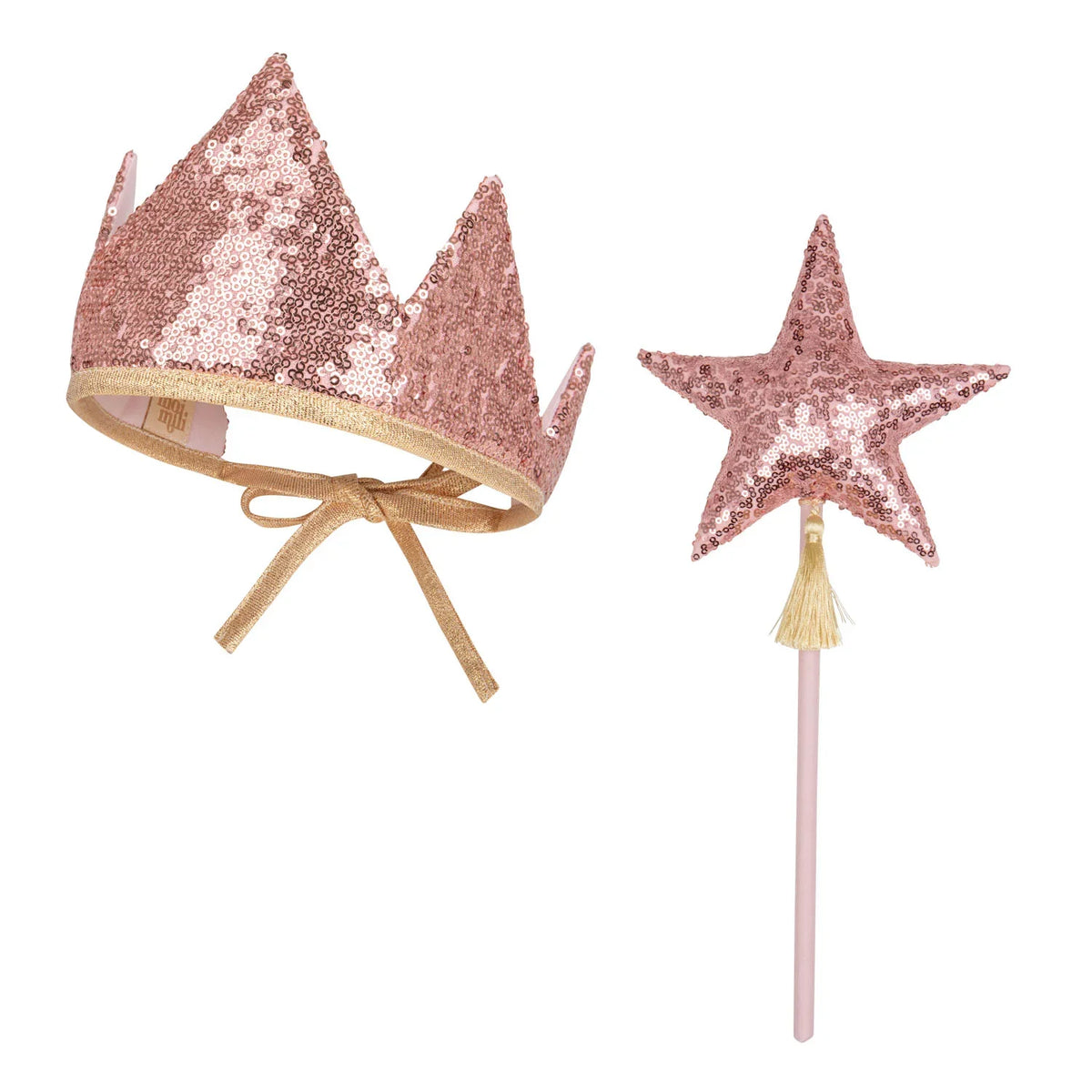 Roze paillettenkroon met goudkleurige strik naast een toverstok met roze paillettenster en goudkleurig kwastje.