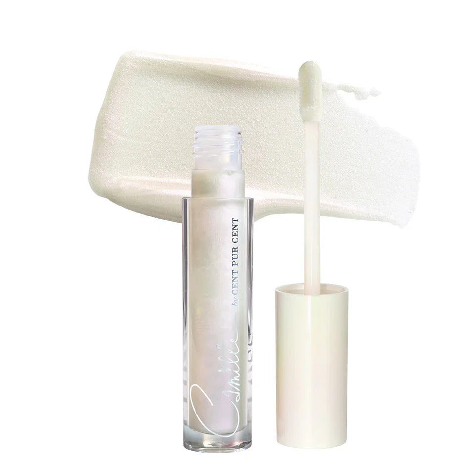 Lipgloss Camille No Go in transparante huls met losse applicator en een licht glanzende glossveeg op de achtergrond.