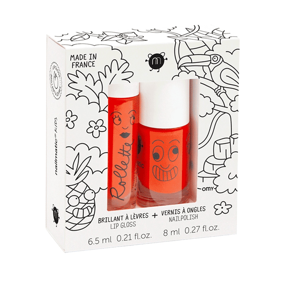 Tropical cadeauset met lipgloss en oranje nagellak in een witte doos met zwart-witte tekeningen.