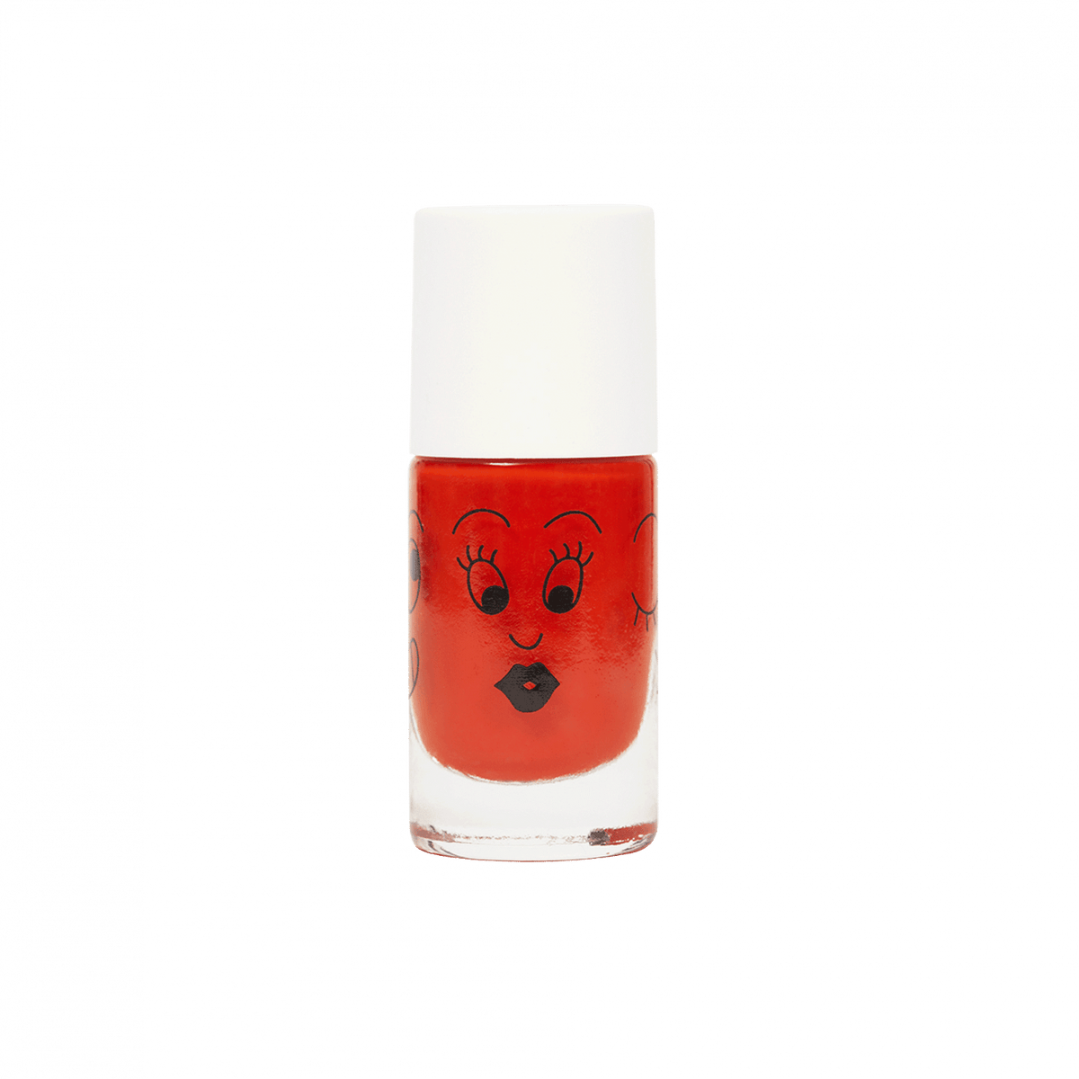 Oranje Tropical nagellak in een flesje met witte dop en een getekend gezichtje met wimpers en zwarte lippen.