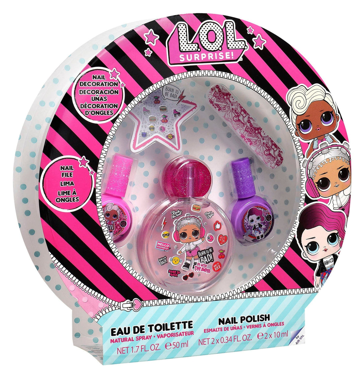 Lol-cadeauset in roze-zwarte verpakking met eau de toilette, roze en paarse nagellak, nagelvijl en nageldecoratie