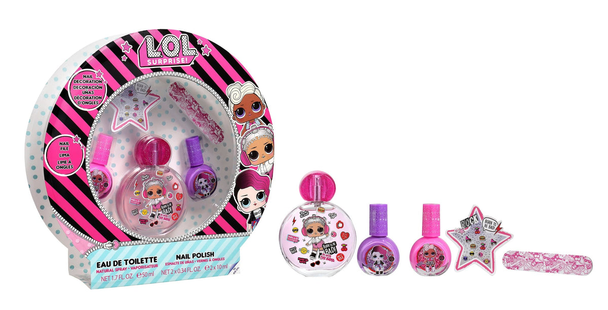 Lol-cadeauset met de verpakking naast de eau de toilette, twee flesjes nagellak, nageldecoratie en roze nagelvijl
