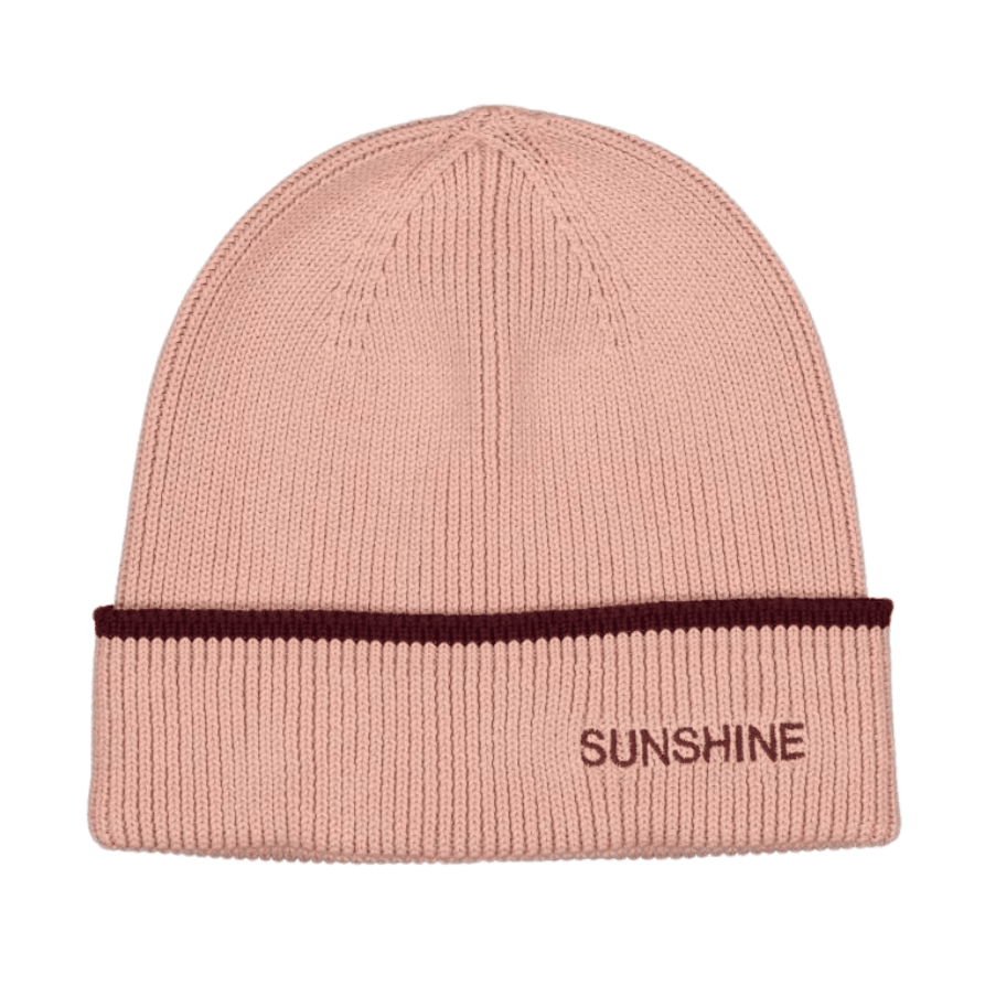 Roze Sunshine-muts met omgeslagen boord, pruimkleurige rand en geborduurde tekst Sunshine.
