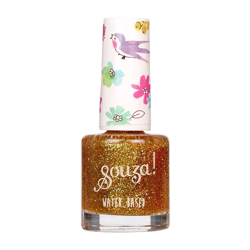 Flesje transparante nagellak met gouden glitters en een witte dop met kleurrijke bloemen en een vogel.