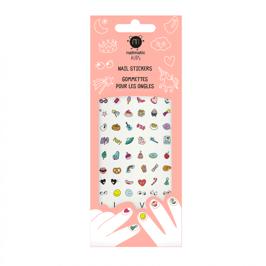 Magic Nails nagelstickers in een roze verpakking met kleurrijke figuurtjes en getekende handen met versierde nagels.