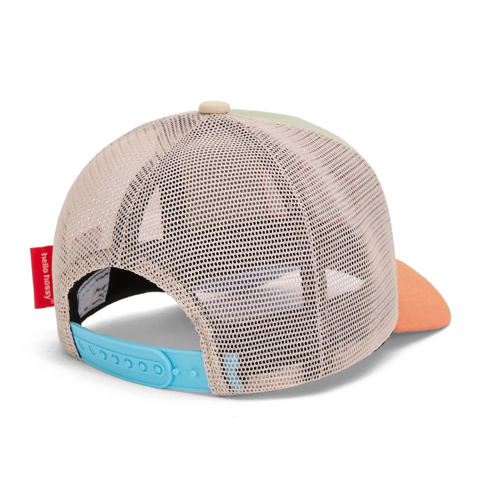 Achterkant van de Mini Anis pet met beige mesh, turquoise verstelbare sluiting en oranje klep.