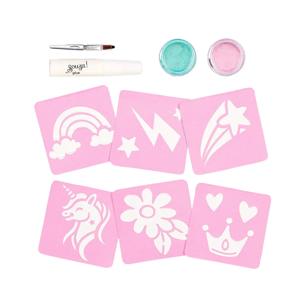 Eenhoorn tattooset met zes roze sjablonen, turquoise en roze glitter, lijm en een aanbrengborsteltje.