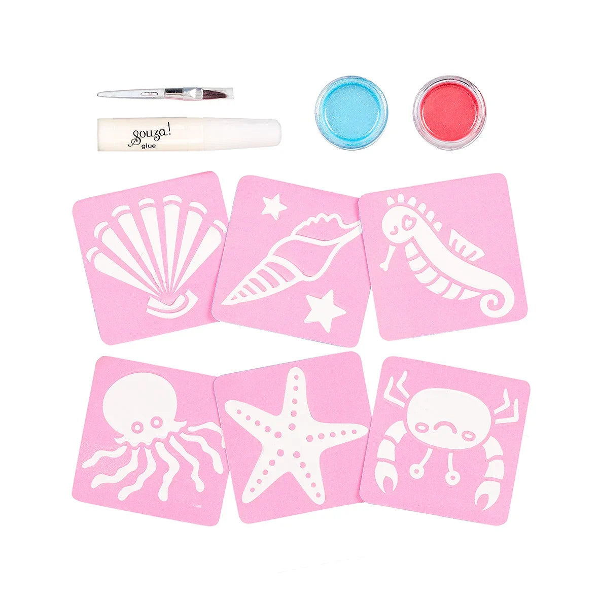 Zeemeermin tattooset met zes roze zeefiguursjablonen, blauwe en roze glitters, lijm en aanbrengborsteltje.