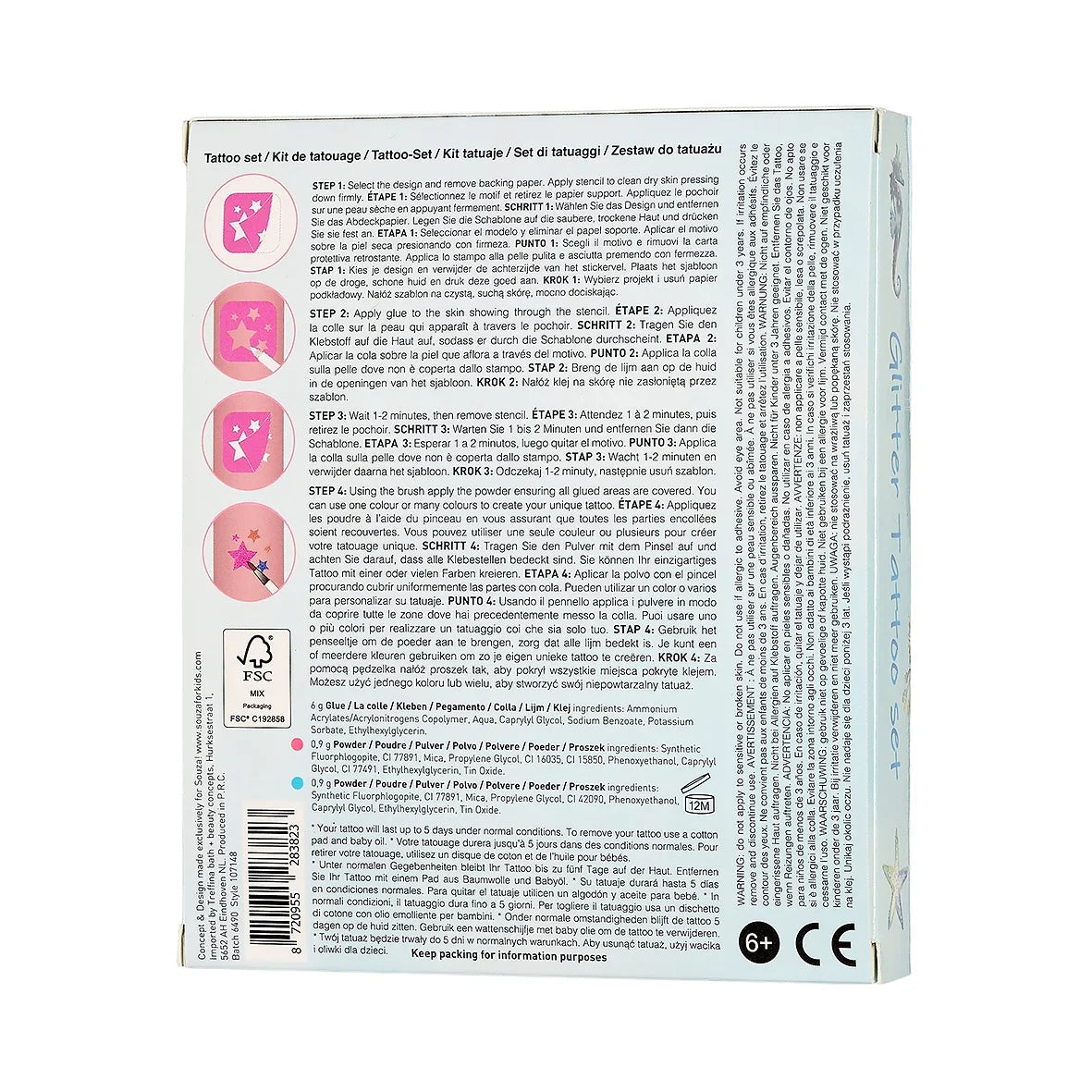 Achterkant van de verpakking van de zeemeermin tattooset met gebruiksaanwijzing en stapsgewijze illustraties.
