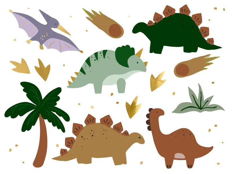 Set van 13 tattoo-ontwerpen met kleurrijke dinosaurussen, vallende meteoren, pootafdrukken en planten.