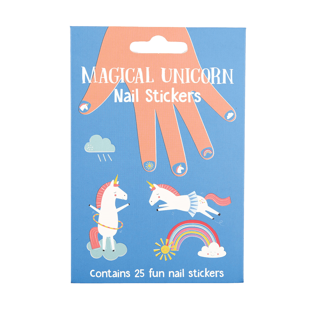 Blauwe verpakking van 25 eenhoornnagelstickers met eenhoorns, een regenboog en een geïllustreerde hand.