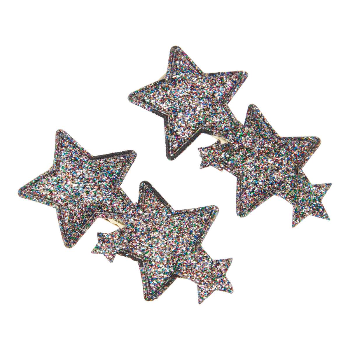 Twee Urfa haarclips met grote en kleine sterren, zwarte randen en veelkleurige glitters op een witte achtergrond.