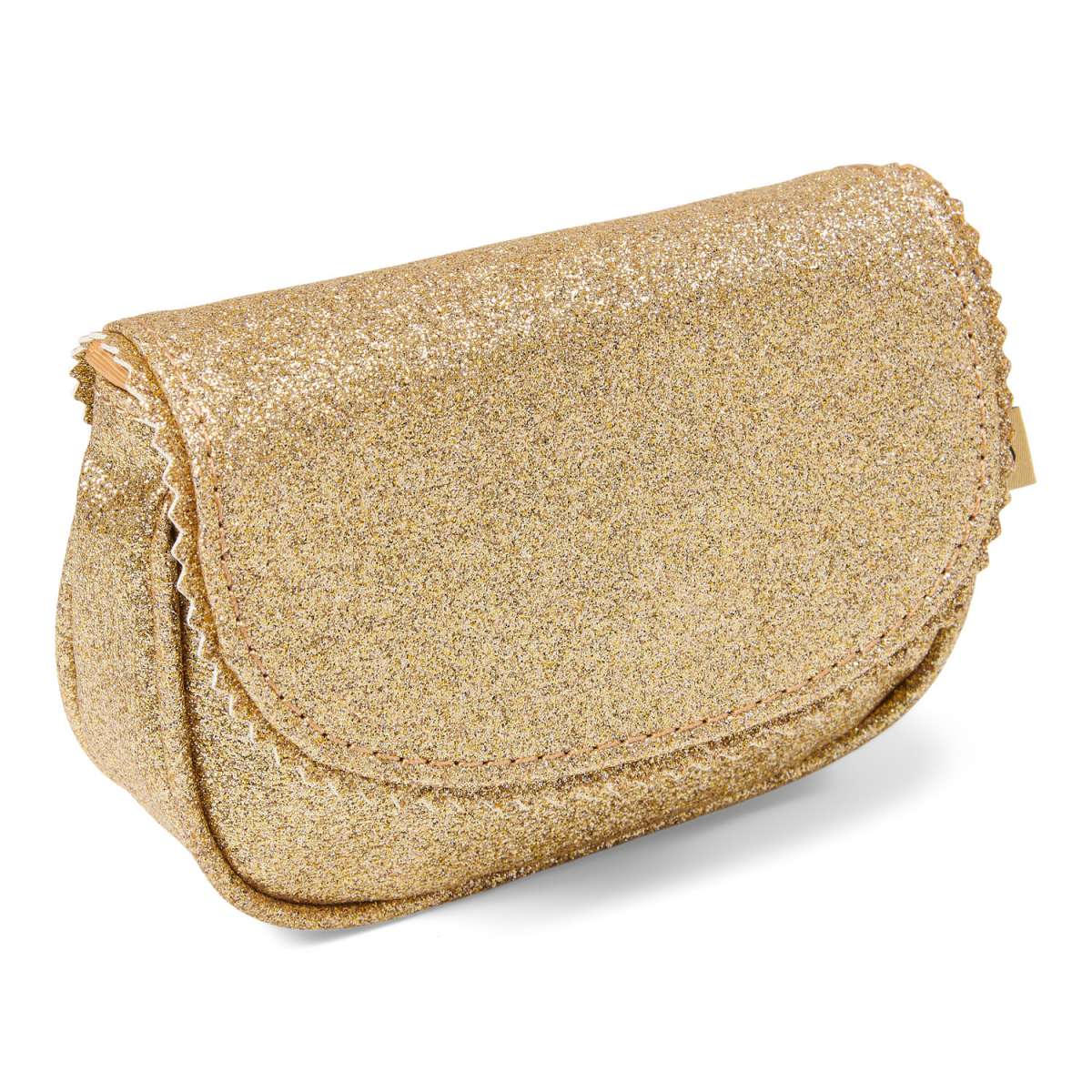 Urfa schoudertas in Dark Gold met goudkleurige glitters, afgeronde klep en golvende rand.
