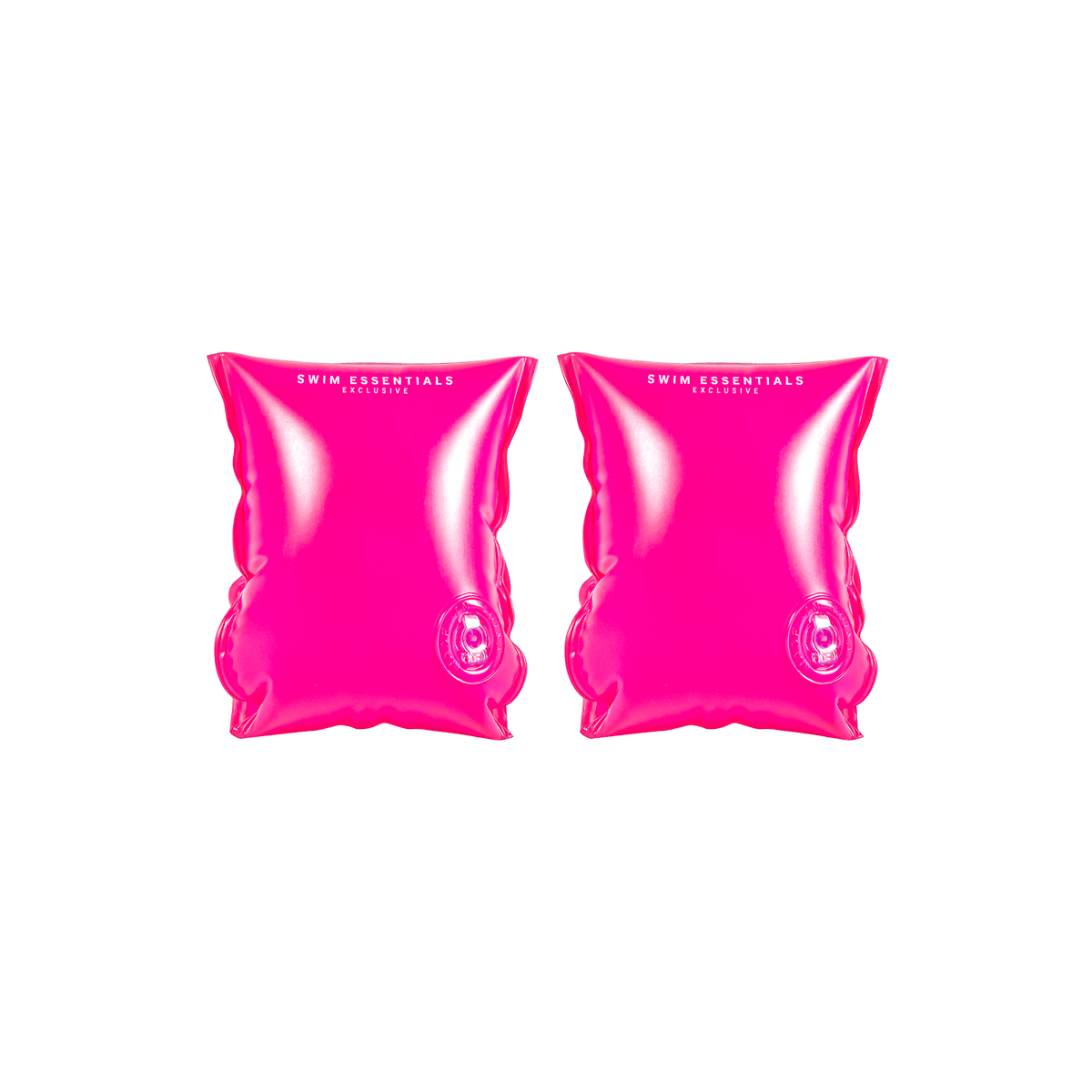 Twee neonroze zwembandjes naast elkaar, met zichtbare opblaasventielen.