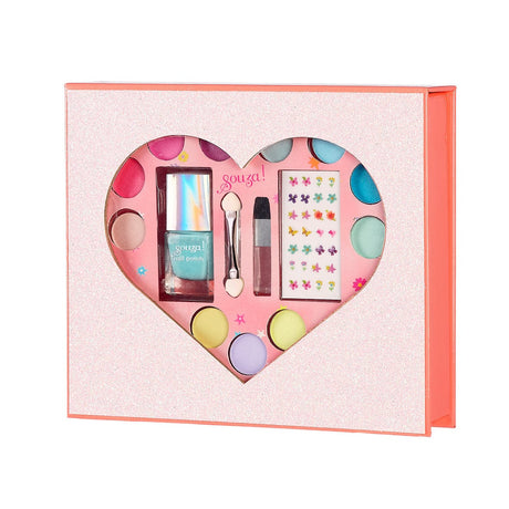Souza make-upgeschenkset in roze doos met hartvormig venster, gekleurde make-up, nagellak en stickers
