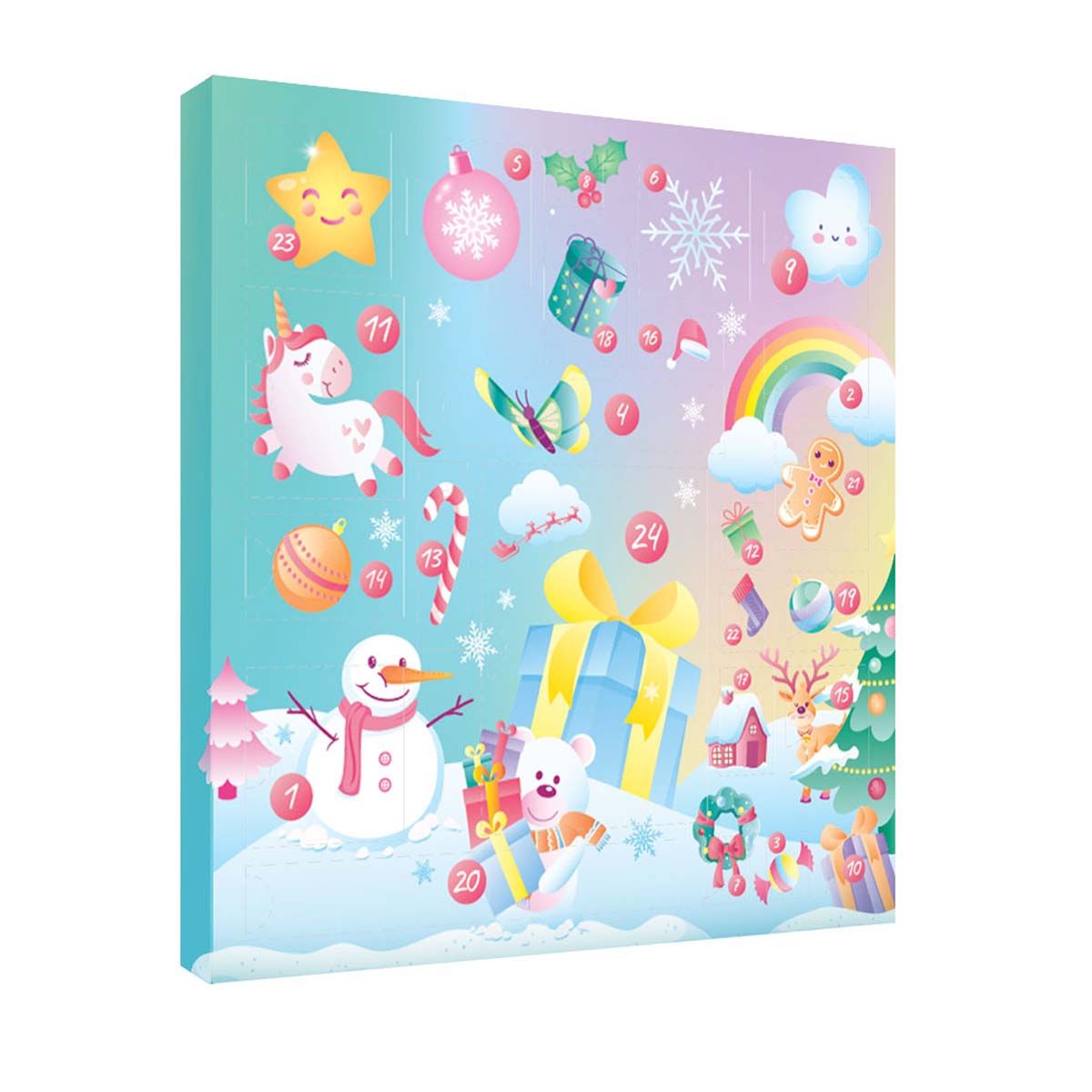 Adventskalender Mix in turquoise en roze met genummerde vakjes, een eenhoorn, regenboog, sneeuwpop en cadeaus