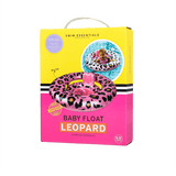 Gele en roze verpakking van de babyzwemband met panterprint, met draaggreep en productfoto's.