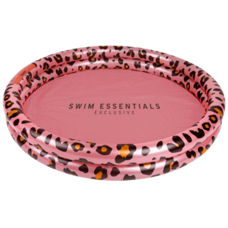 Rond roze babyzwembad met luipaardprint, twee opblaasringen en Swim Essentials-logo op de bodem.