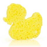 Gele badspons in de vorm van een eend, met duidelijk zichtbare sponsstructuur.