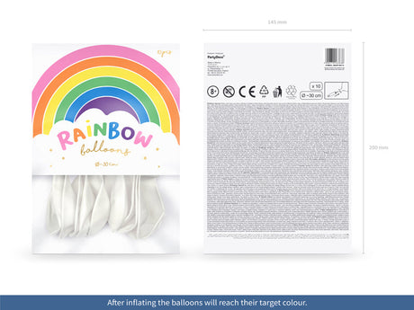 Voor- en achterkant van de verpakking met 10 pastelwitte ballonnen en een kleurrijke regenboog