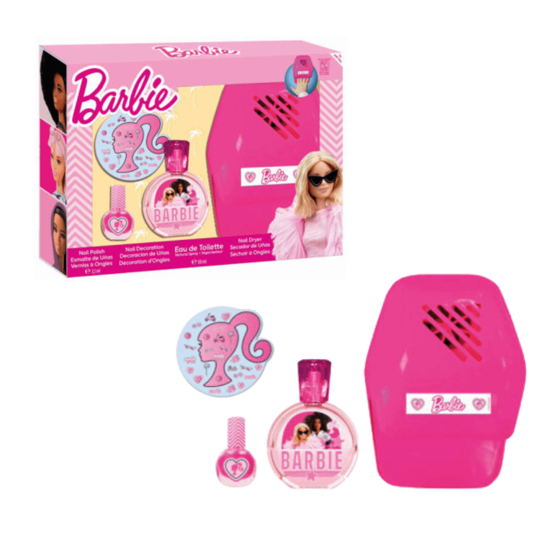 Barbie eau de toilette 50 ml en manicureset met roze nageldroger, nagellak en nagelstickers, met verpakking erboven.