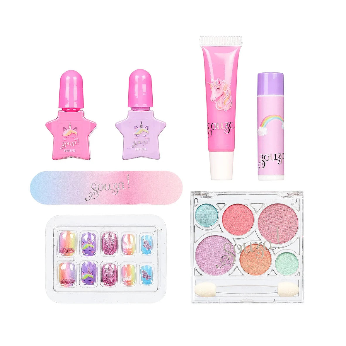 Beautyset met eenhoornthema, roze en paarse nagellak, nagelvijl, kunstnagels, lipgloss, lipbalsem en oogschaduw.
