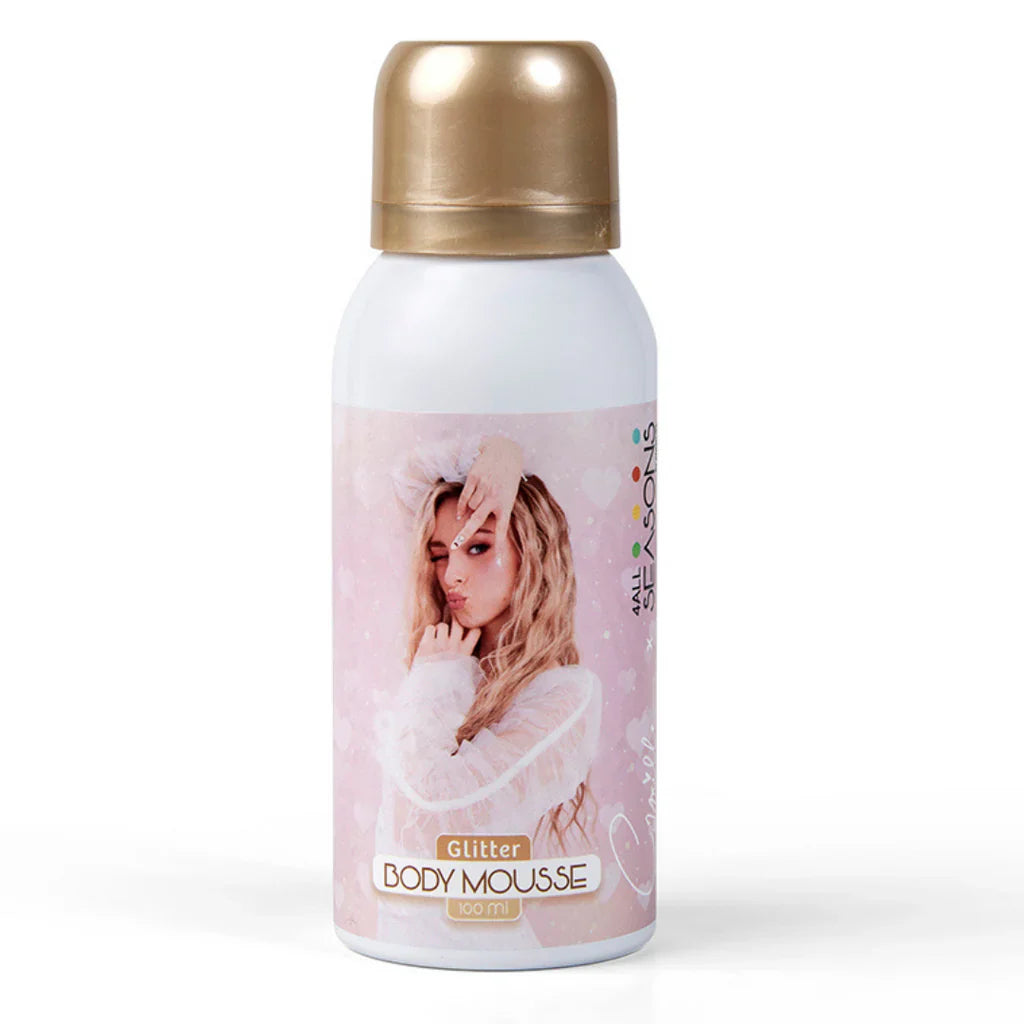 Body Mousse Camille Circus in een witte spuitbus met goudkleurige dop en roze etiket met Camille.