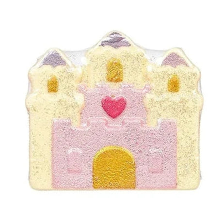 Bruisbal in de vorm van een geel en roze kasteel met paarse torendaken, een roze hart en een gele poort.