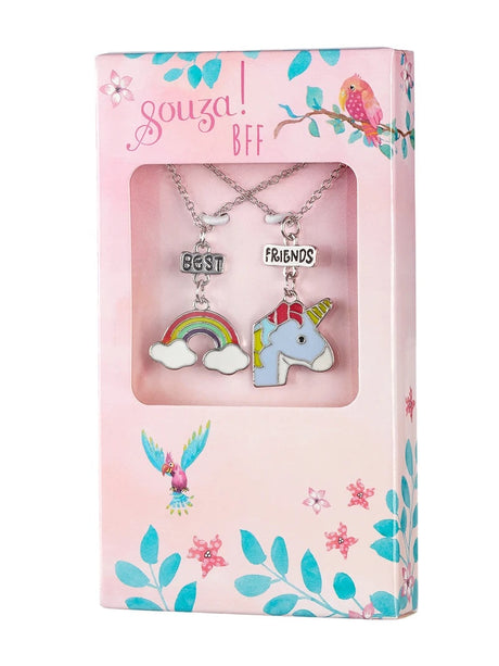 Roze BFF-cadeaudoosje met twee kettingen met regenboog- en eenhoornhanger, versierd met vogels en bloemen.