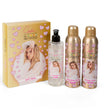 Camille Gold geschenkdoos met roze hartjes naast handzeep, bodylotion spray en doucheschuim in goudkleurige verpakking