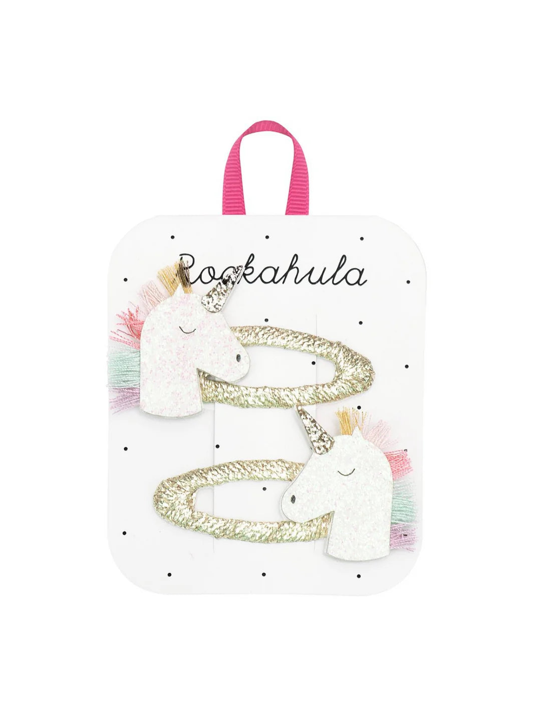 Twee goudkleurige glitterhaarclips met witte eenhoorns en pastelkleurige manen op een kaartje.